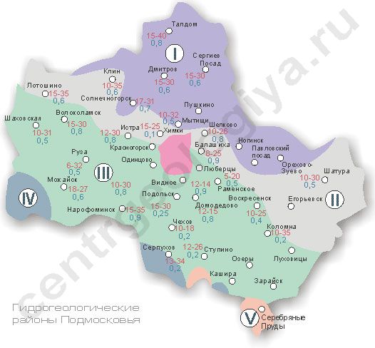 Карта глубин бурения артезианских скважин в Московской области